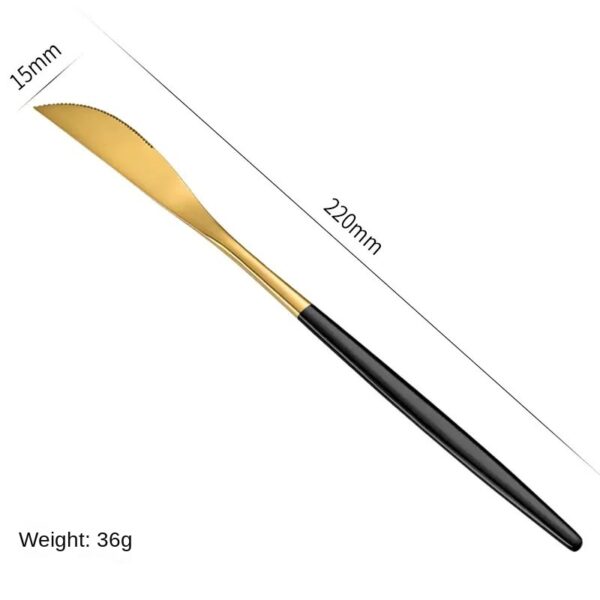 Juego de cubiertos de acero inoxidable con cuchillo, tenedor, cuchara y cucharilla para té pintados con spray dorado portugués. Paquete de regalo de 4 piezas.: imagen 20