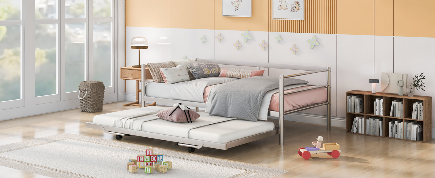 Sofá cama individual de metal con cama nido ajustable y plegable, color plata: imagen 14