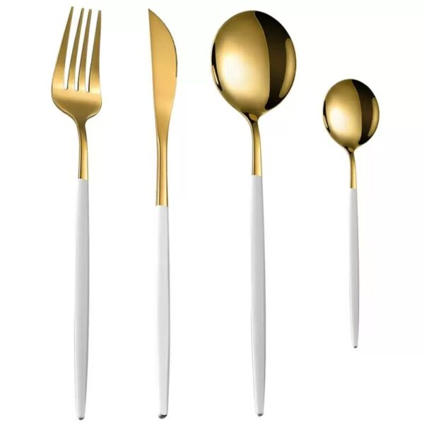 Juego de cubiertos de acero inoxidable con cuchillo, tenedor, cuchara y cucharilla para té pintados con spray dorado portugués. Paquete de regalo de 4 piezas.: imagen 30