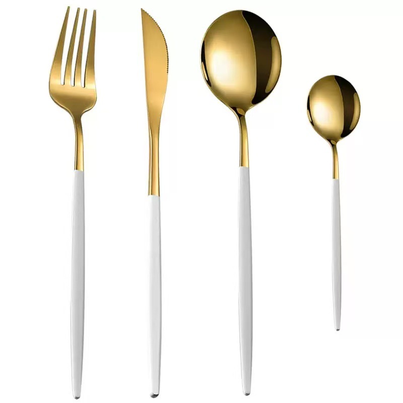 Juego de cubiertos de acero inoxidable con cuchillo, tenedor, cuchara y cucharilla para té pintados con spray dorado portugués. Paquete de regalo de 4 piezas.: imagen 30