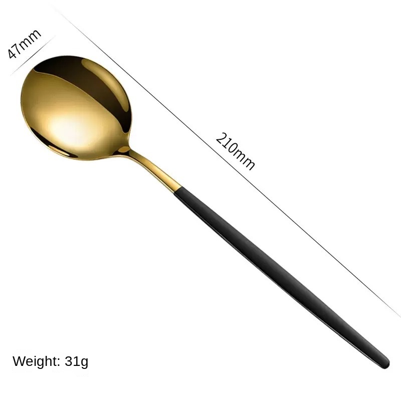 Juego de cubiertos de acero inoxidable con cuchillo, tenedor, cuchara y cucharilla para té pintados con spray dorado portugués. Paquete de regalo de 4 piezas.: imagen 21