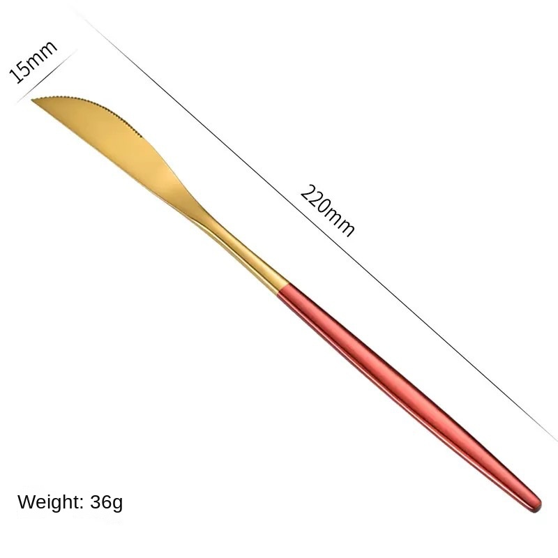 Juego de cubiertos de acero inoxidable con cuchillo, tenedor, cuchara y cucharilla para té pintados con spray dorado portugués. Paquete de regalo de 4 piezas.: imagen 8