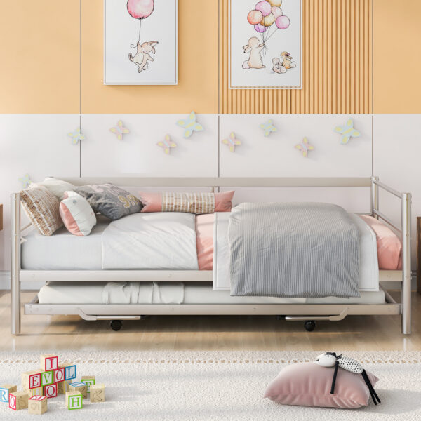 Sofá cama individual de metal con cama nido ajustable y plegable, color plata: imagen 4