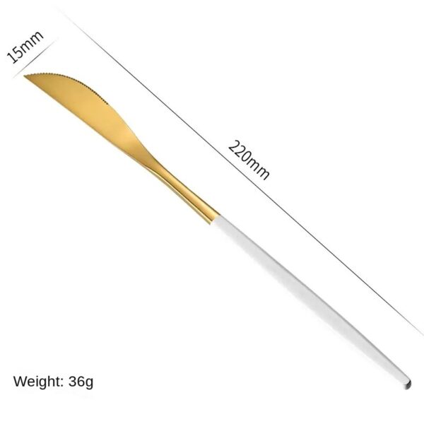 Juego de cubiertos de acero inoxidable con cuchillo, tenedor, cuchara y cucharilla para té pintados con spray dorado portugués. Paquete de regalo de 4 piezas.: imagen 24