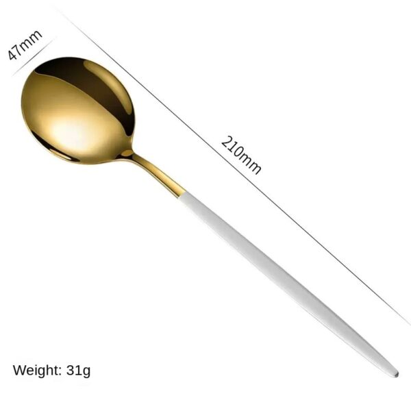 Juego de cubiertos de acero inoxidable con cuchillo, tenedor, cuchara y cucharilla para té pintados con spray dorado portugués. Paquete de regalo de 4 piezas.: imagen 25