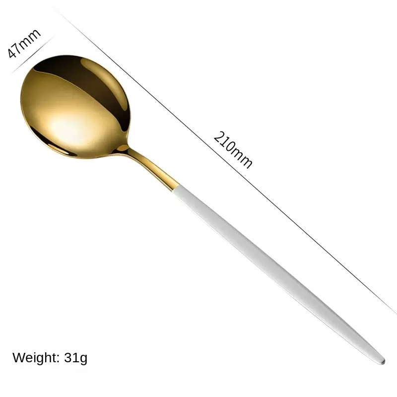 Juego de cubiertos de acero inoxidable con cuchillo, tenedor, cuchara y cucharilla para té pintados con spray dorado portugués. Paquete de regalo de 4 piezas.: imagen 25