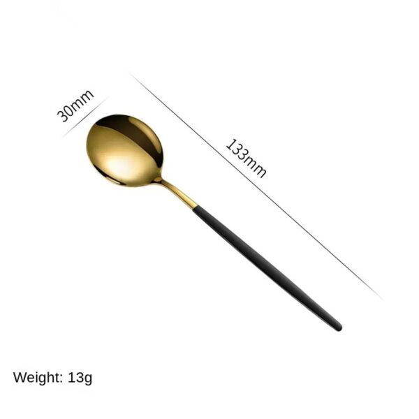 Juego de cubiertos de acero inoxidable con cuchillo, tenedor, cuchara y cucharilla para té pintados con spray dorado portugués. Paquete de regalo de 4 piezas.: imagen 19