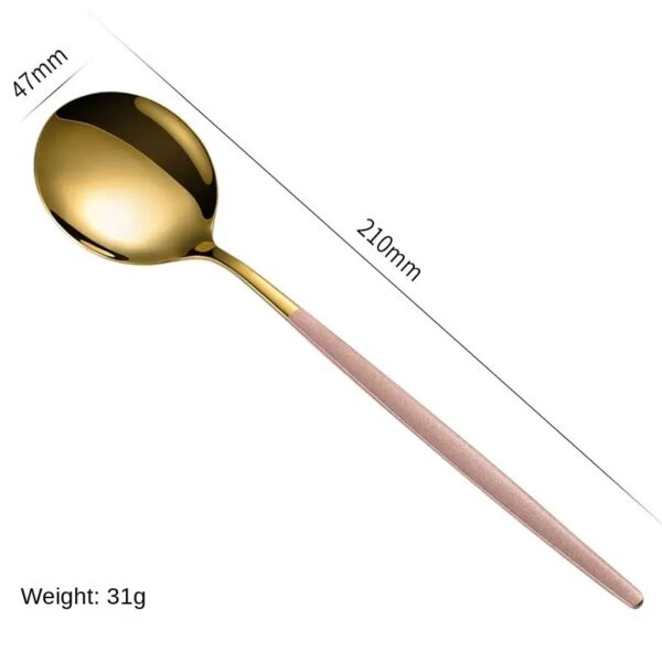 Juego de cubiertos de acero inoxidable con cuchillo, tenedor, cuchara y cucharilla para té pintados con spray dorado portugués. Paquete de regalo de 4 piezas.: imagen 17